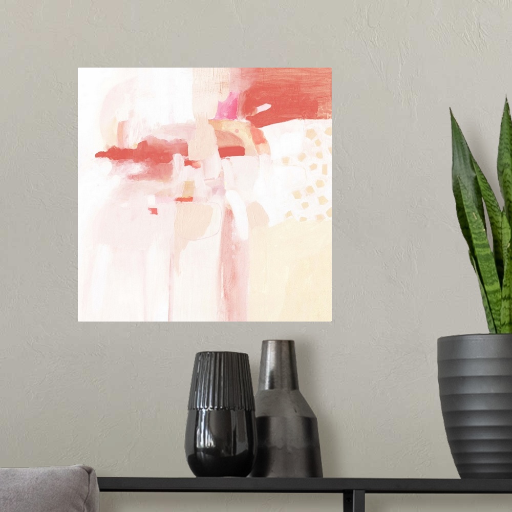 A modern room featuring Contemporary abstract painting in shades of peach and coral