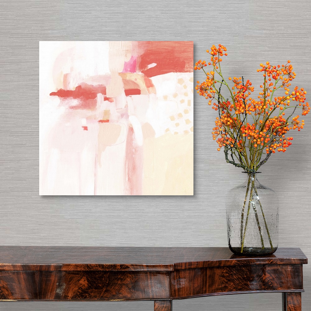 A traditional room featuring Contemporary abstract painting in shades of peach and coral
