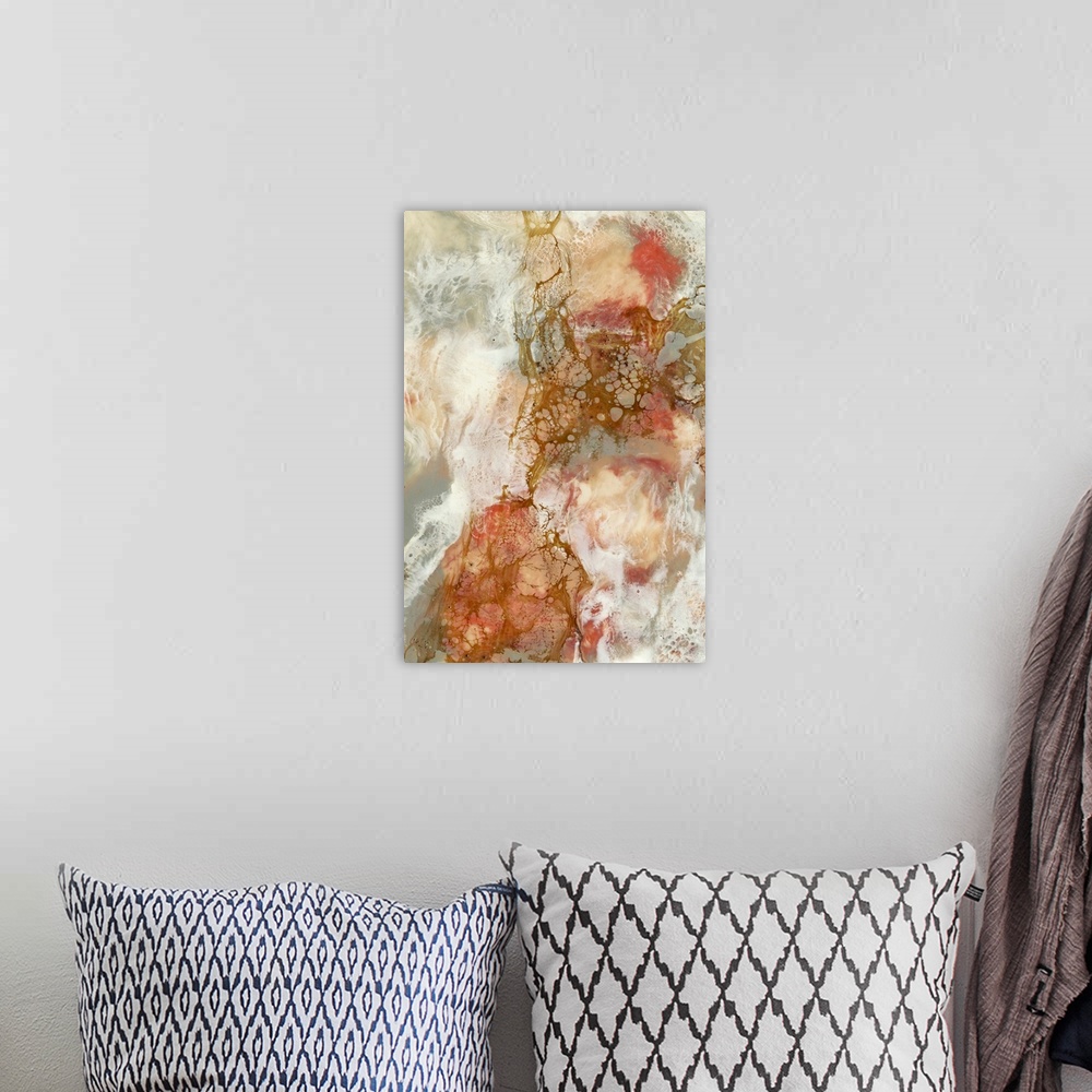 A bohemian room featuring Contemporary abstract painting in nude tones and bubbling, organic shapes.