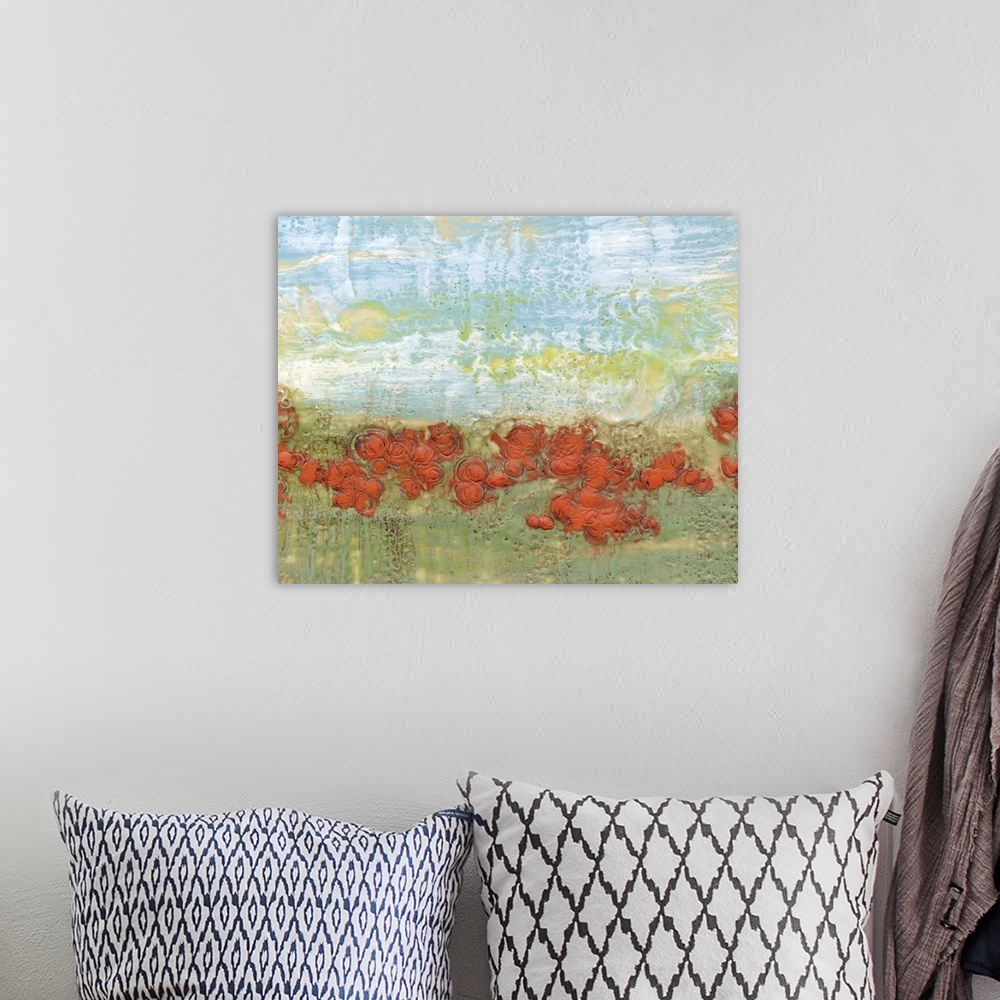 A bohemian room featuring Contemporary painting of a field of red poppies.