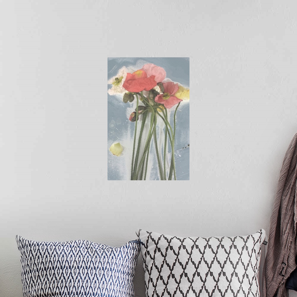 A bohemian room featuring Painting of a bunch of tall-stemmed poppies in shades of coral, peach and yellow against a steel ...