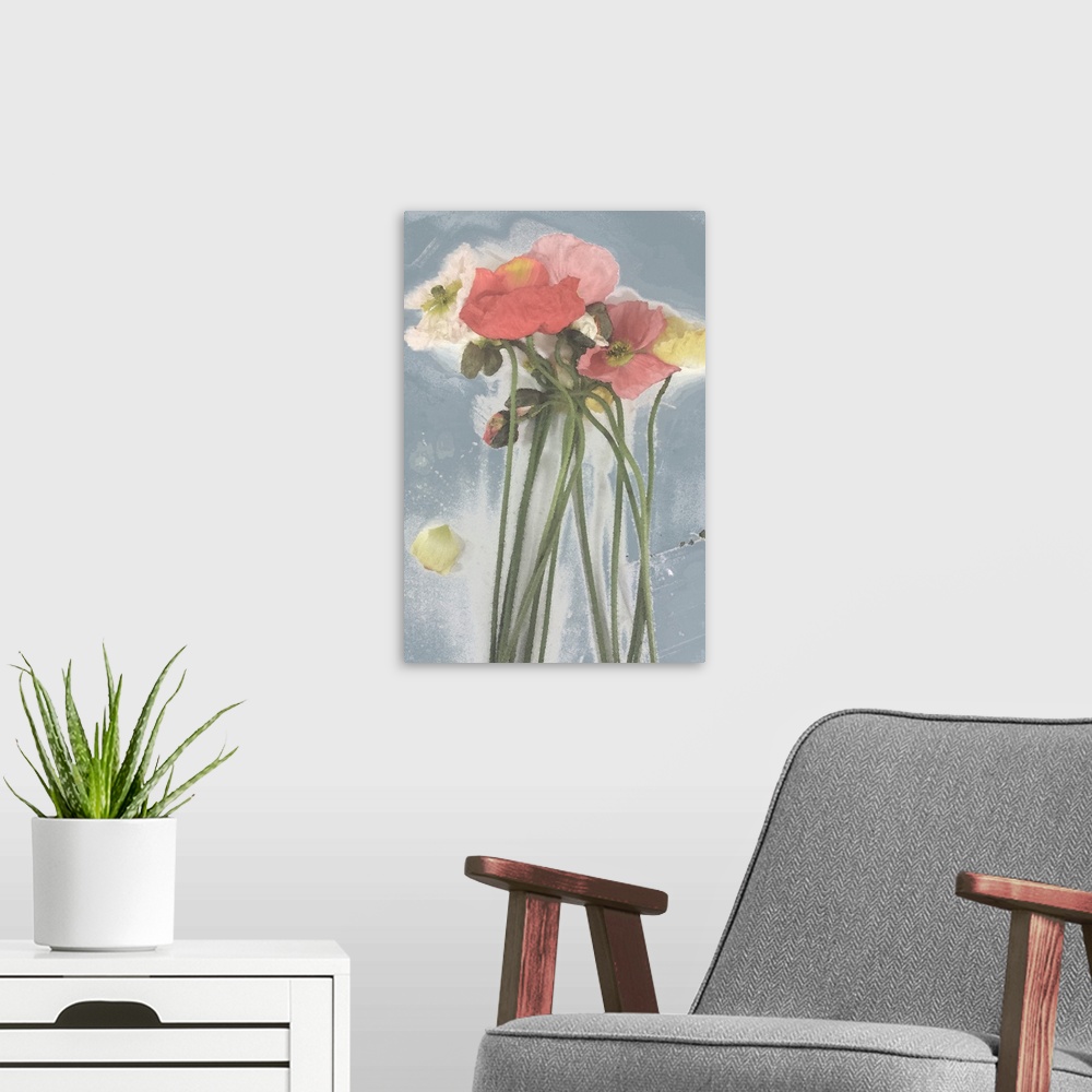 A modern room featuring Painting of a bunch of tall-stemmed poppies in shades of coral, peach and yellow against a steel ...