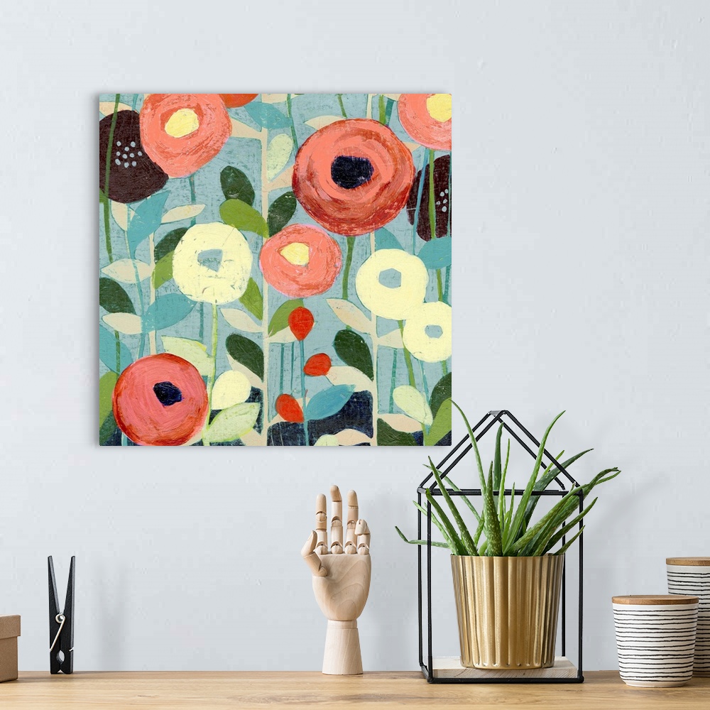 A bohemian room featuring Decorative painting of round poppy flowers in springtime corals and yellows.