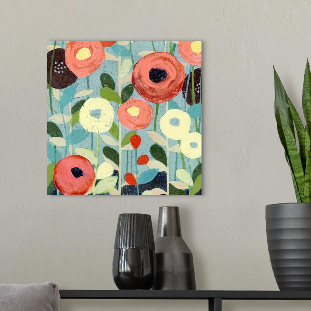 A modern room featuring Decorative painting of round poppy flowers in springtime corals and yellows.