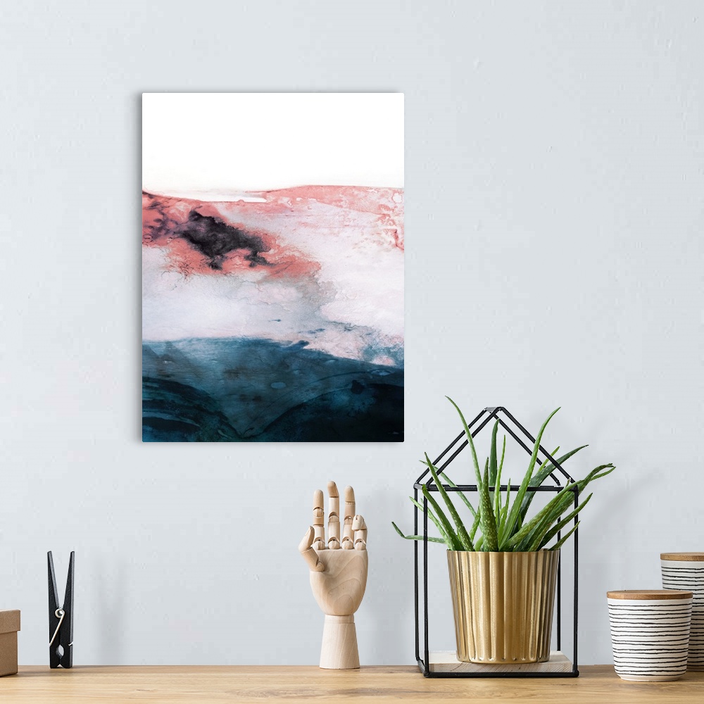 A bohemian room featuring Watercolor abstract painting reminiscent of a landscape in shades of coral, pink, white and a dar...