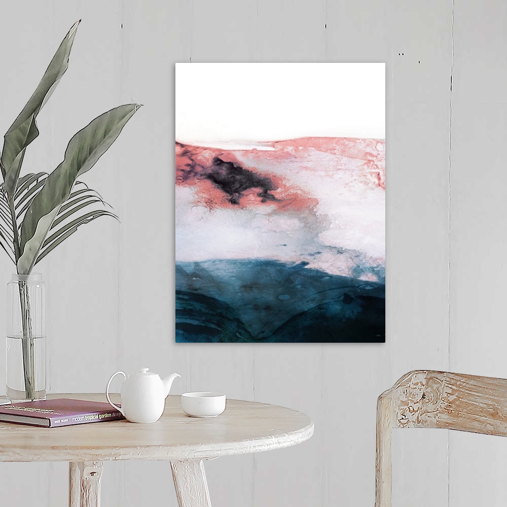 A farmhouse room featuring Watercolor abstract painting reminiscent of a landscape in shades of coral, pink, white and a dar...