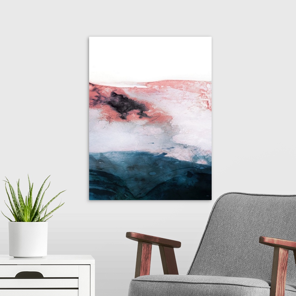 A modern room featuring Watercolor abstract painting reminiscent of a landscape in shades of coral, pink, white and a dar...