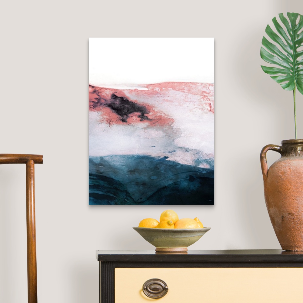 A traditional room featuring Watercolor abstract painting reminiscent of a landscape in shades of coral, pink, white and a dar...