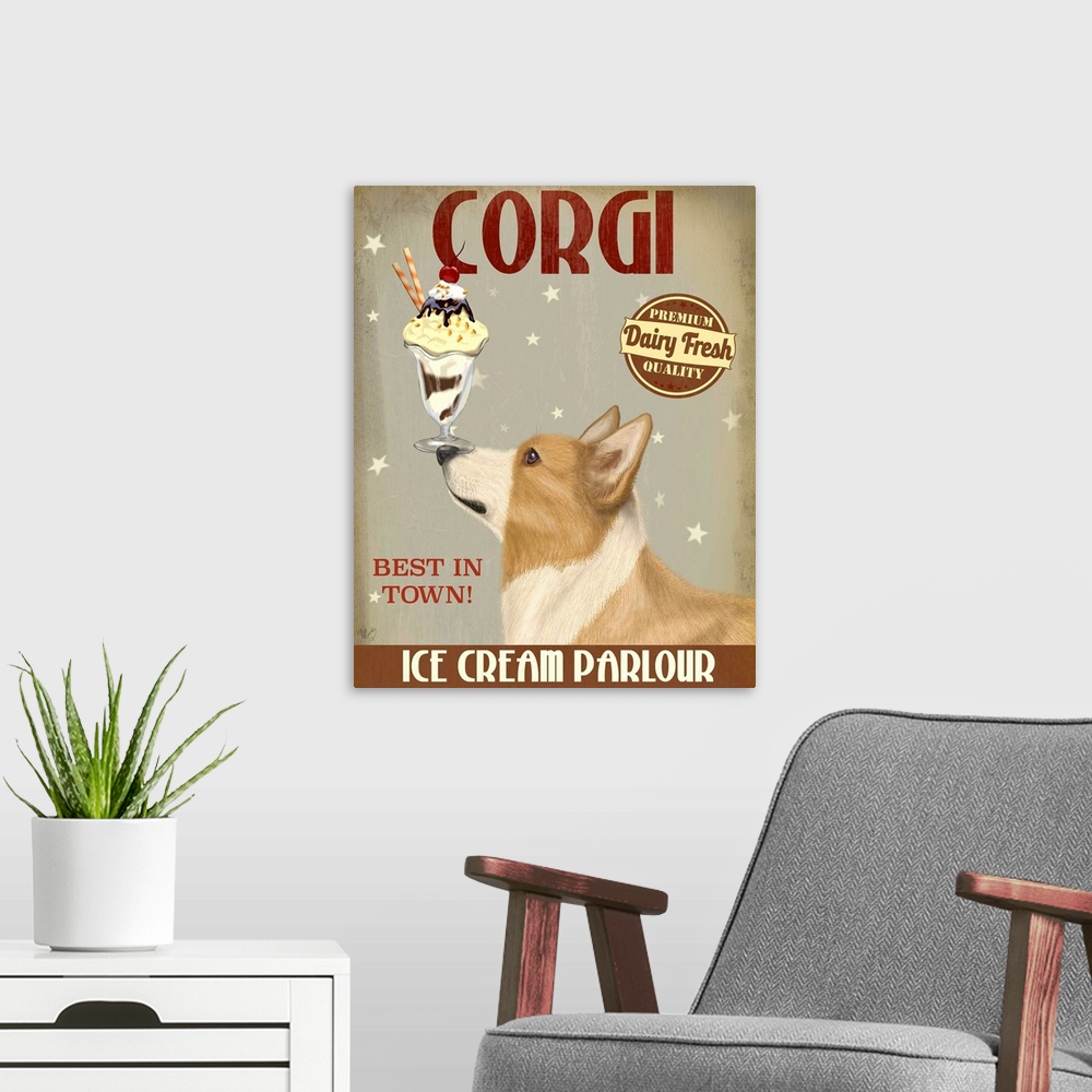 A modern room featuring Decorative artwork of a Corgi balancing an ice cream sundae on its nose in an advertisement for a...