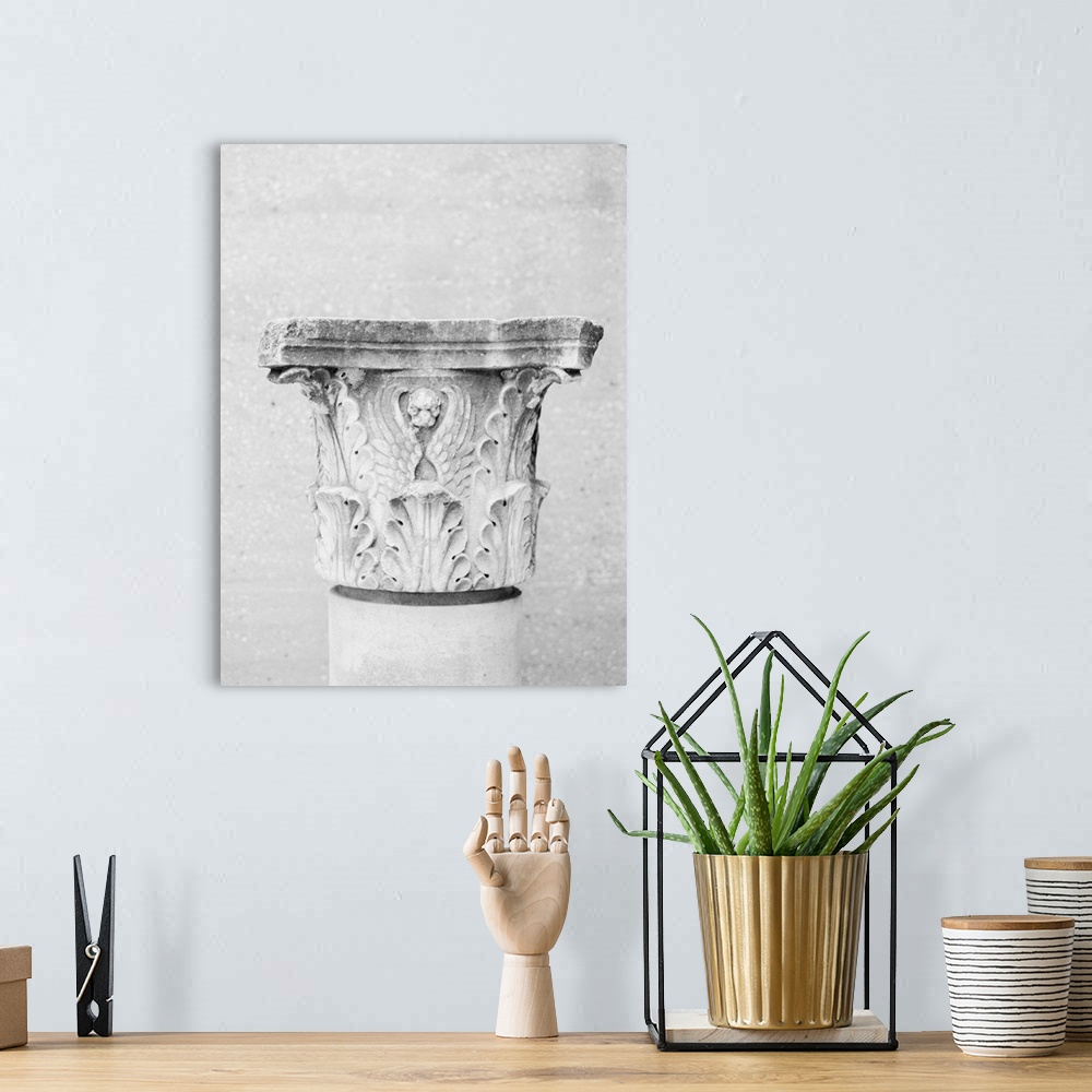 A bohemian room featuring Black and White photograph of an ornately carved column, Athens, Greece.