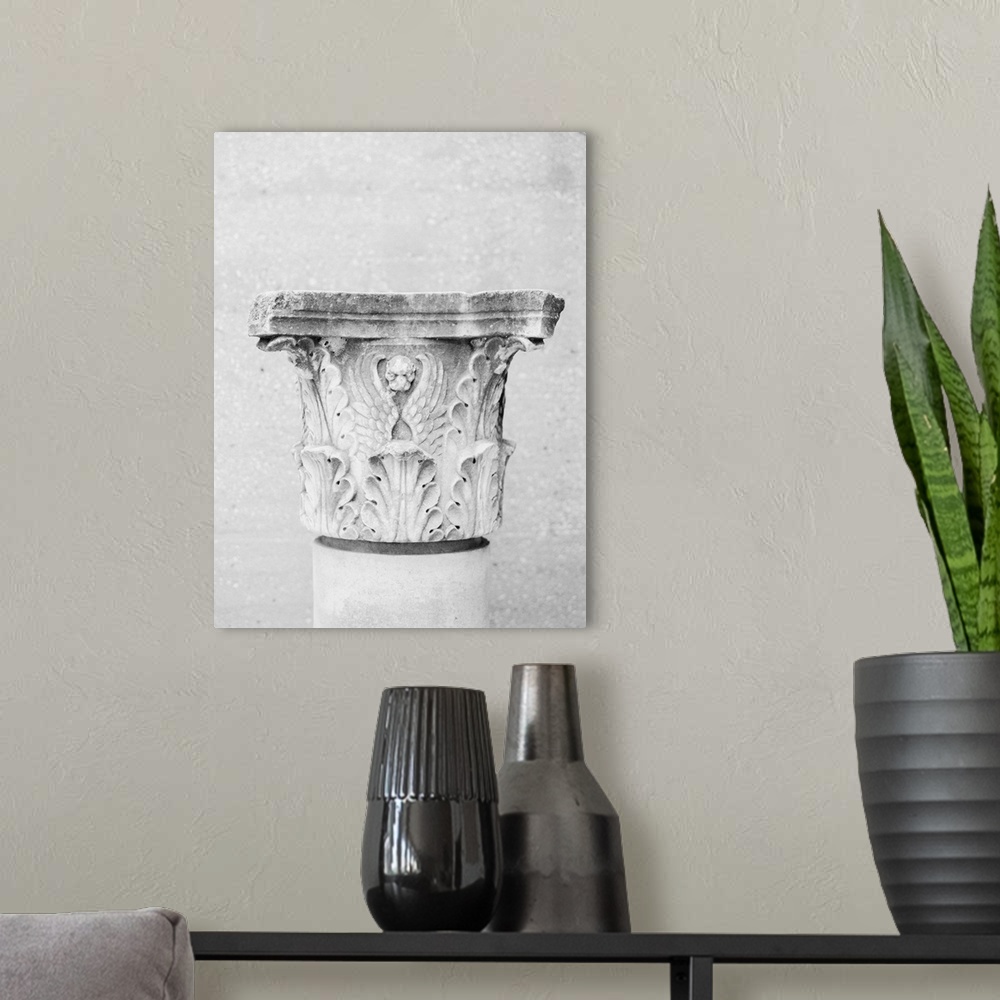 A modern room featuring Black and White photograph of an ornately carved column, Athens, Greece.