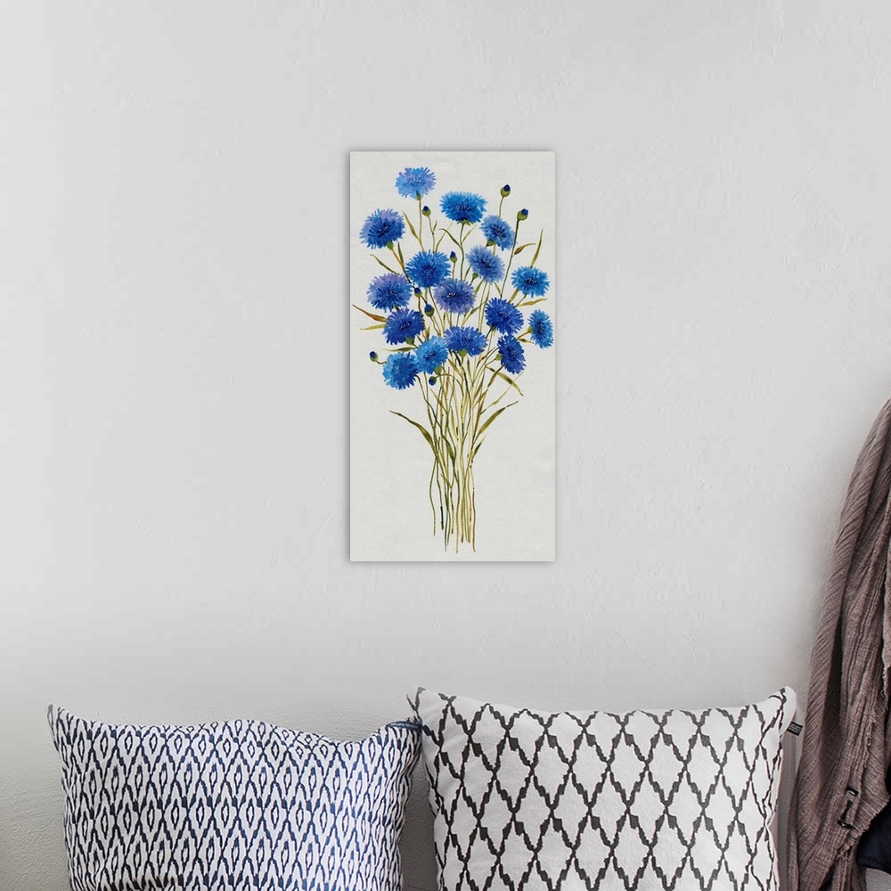 A bohemian room featuring Illustration of a bouquet of bright blue cornflowers on grey.