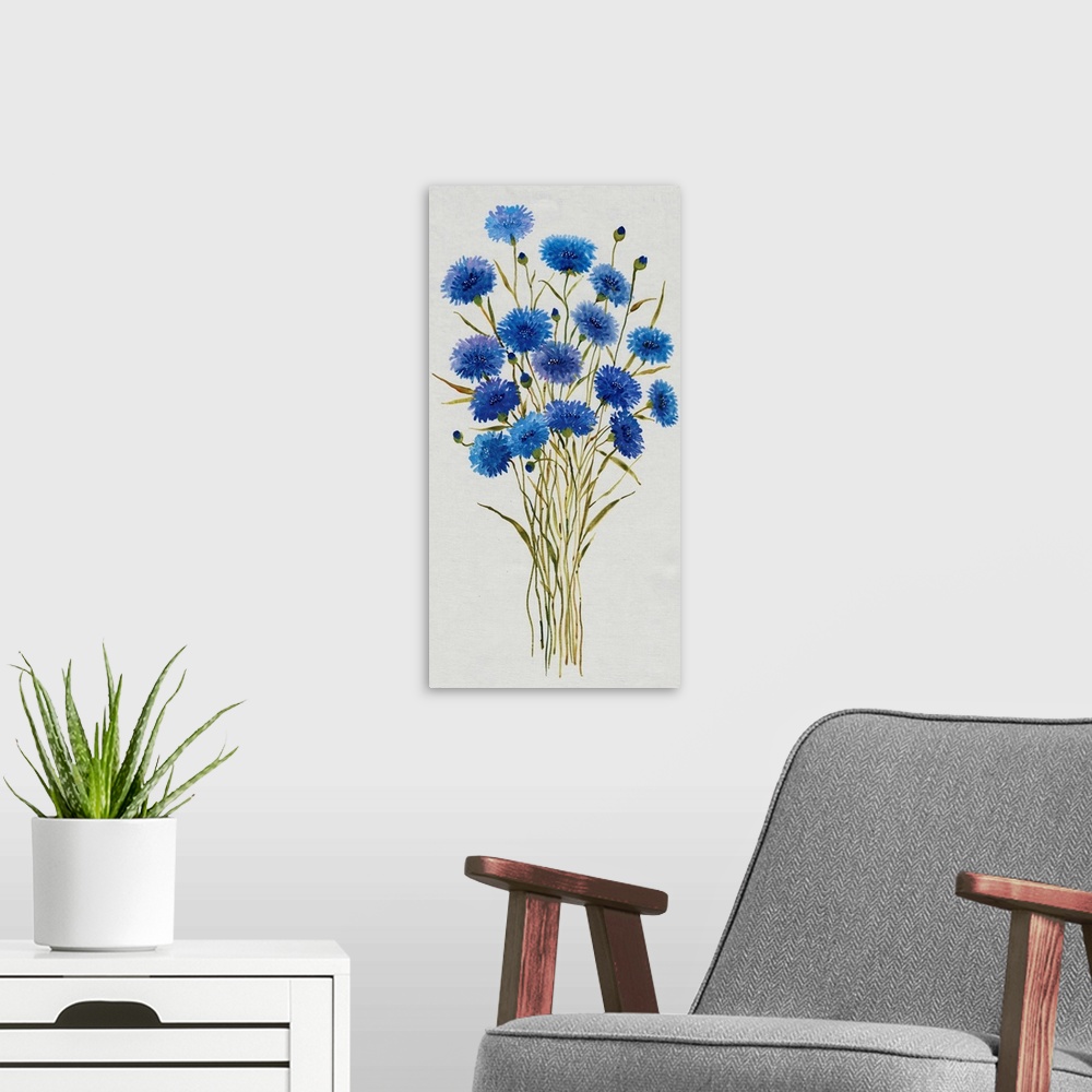 A modern room featuring Illustration of a bouquet of bright blue cornflowers on grey.