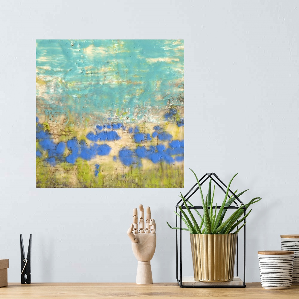 A bohemian room featuring Contemporary painting of a field of blue poppies.