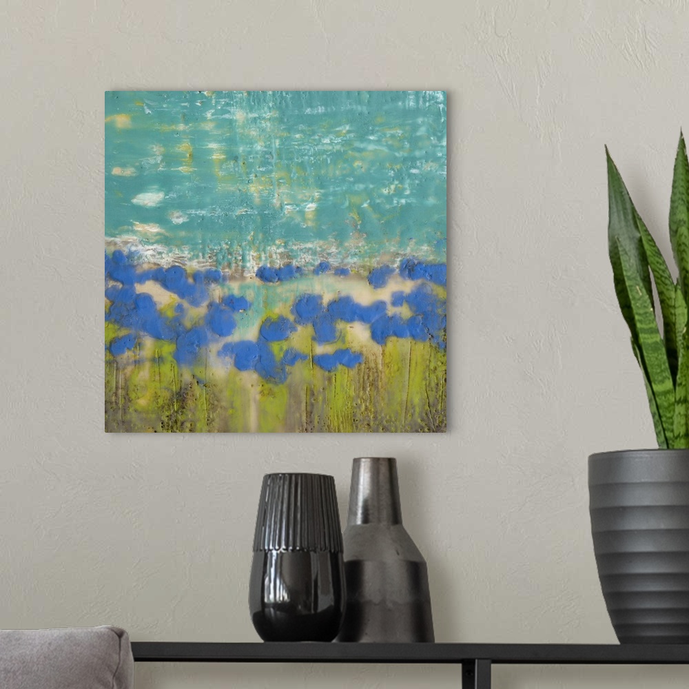 A modern room featuring Contemporary painting of a field of blue poppies.