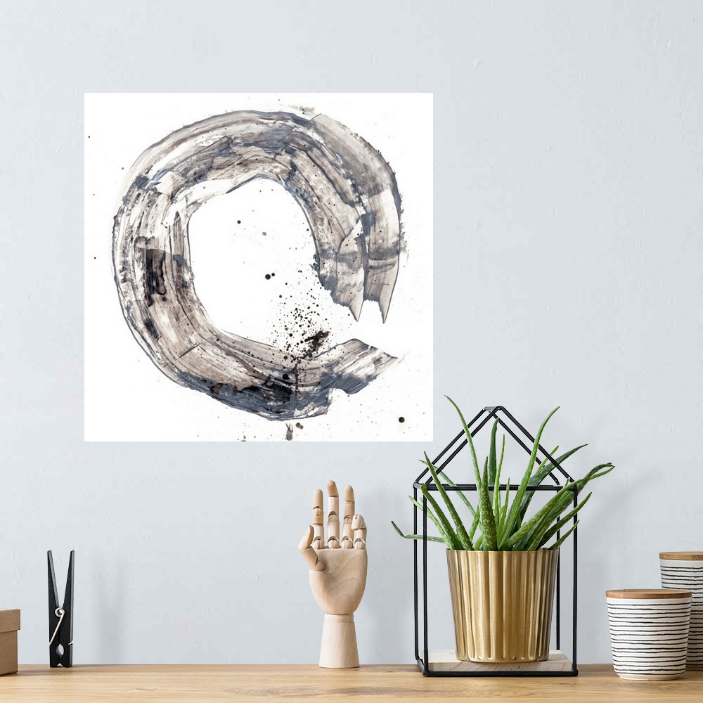 A bohemian room featuring Abstract painting of a circular shape in a wide gray brush stroke with overlaying splatters of bl...