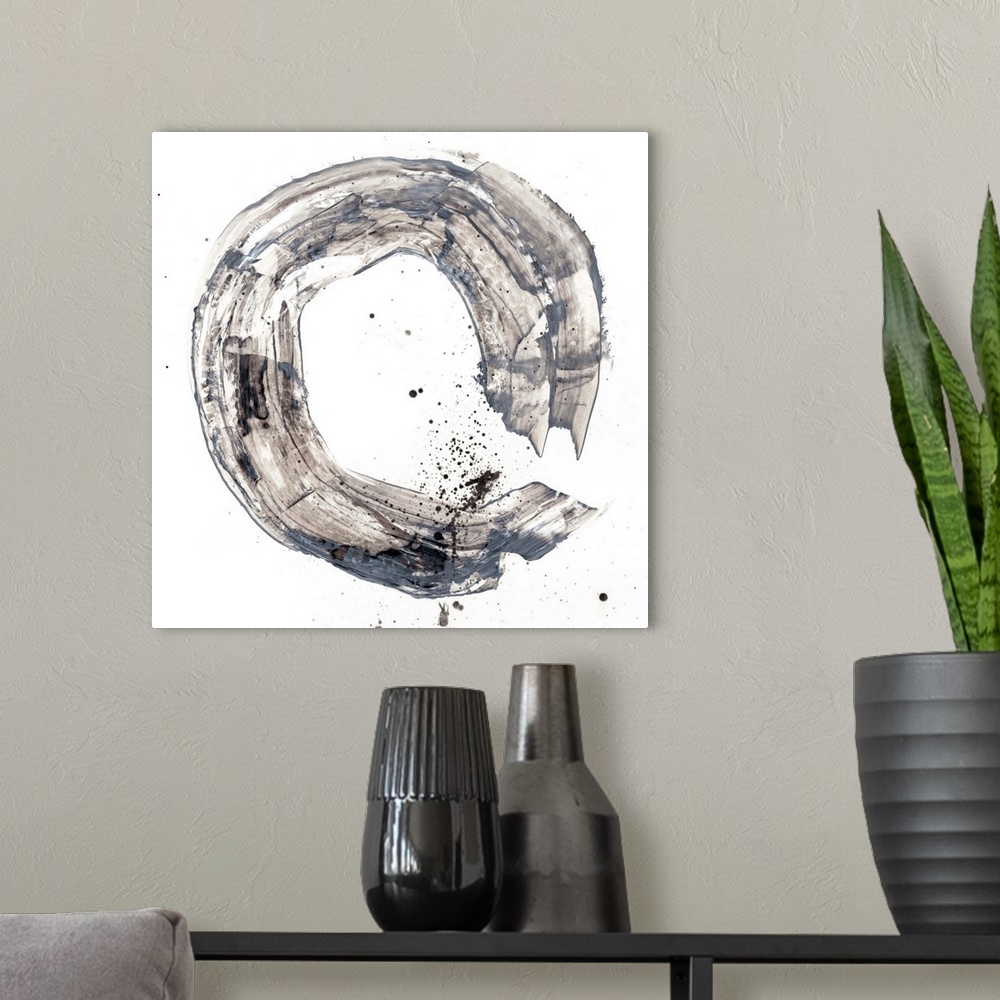 A modern room featuring Abstract painting of a circular shape in a wide gray brush stroke with overlaying splatters of bl...