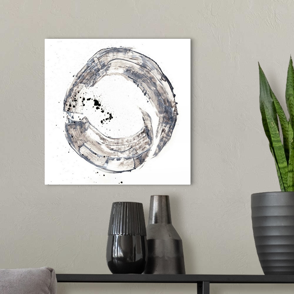 A modern room featuring Abstract painting of a circular shape in a wide gray brush stroke with overlaying splatters of bl...