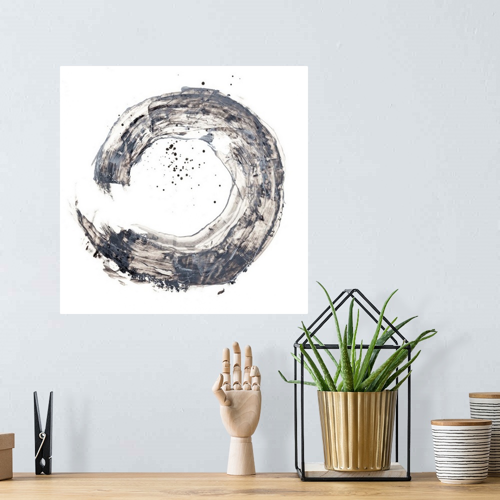 A bohemian room featuring Abstract painting of a circular shape in a wide gray brush stroke with overlaying splatters of bl...