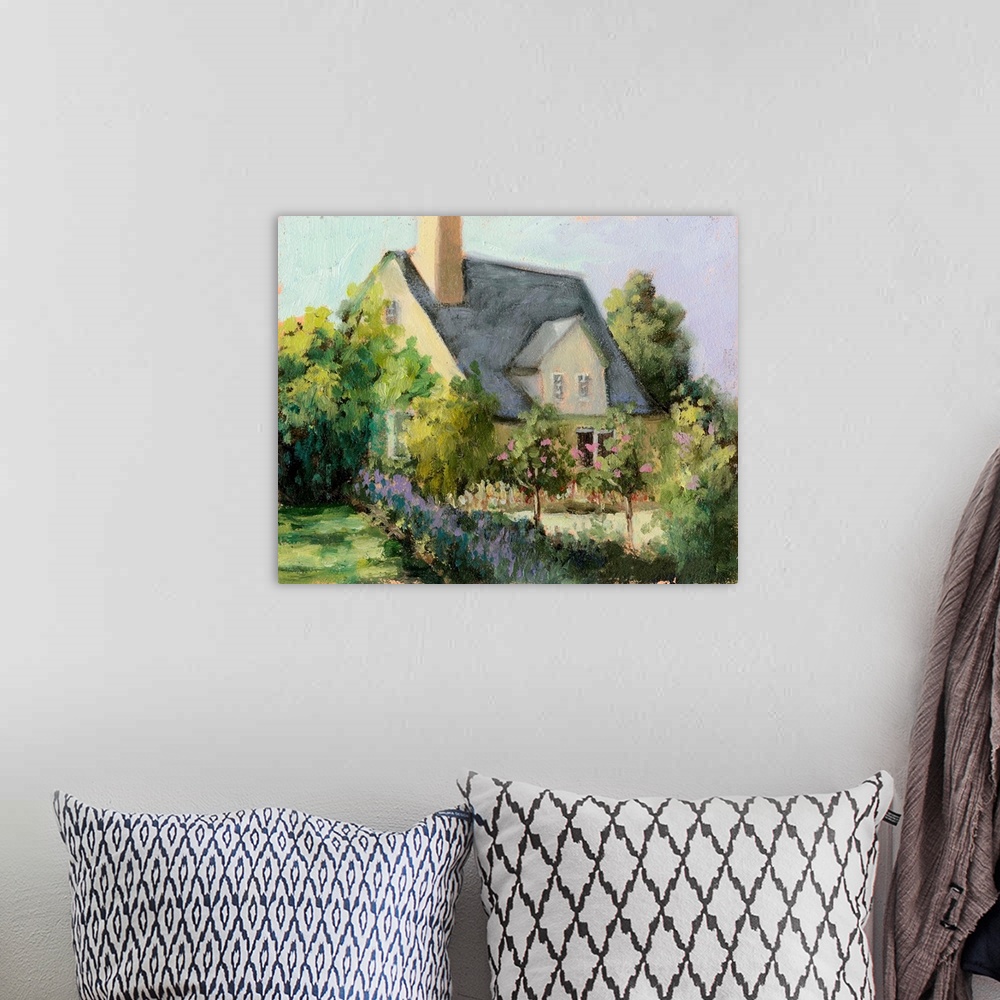 A bohemian room featuring Contemporary painting of a countryside cottage scene.