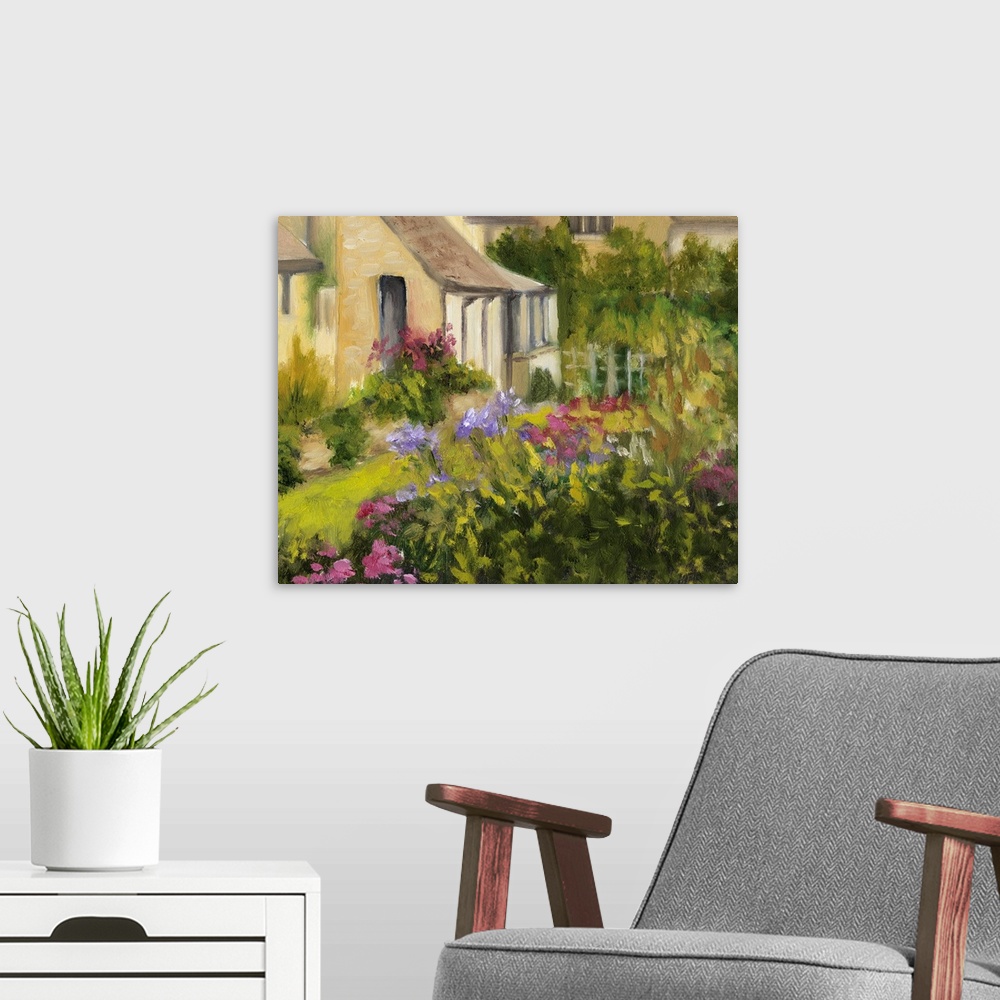 A modern room featuring Contemporary painting of a countryside cottage scene.
