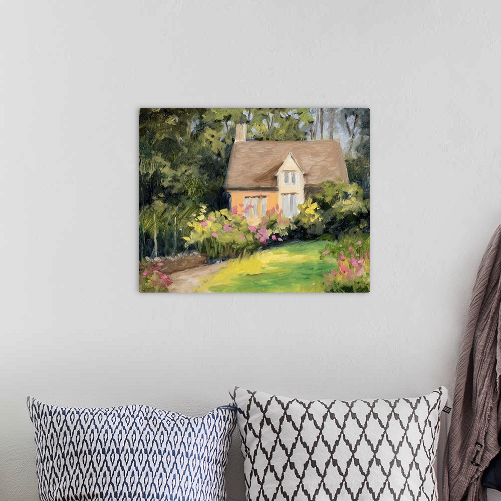 A bohemian room featuring Contemporary painting of a countryside cottage scene.