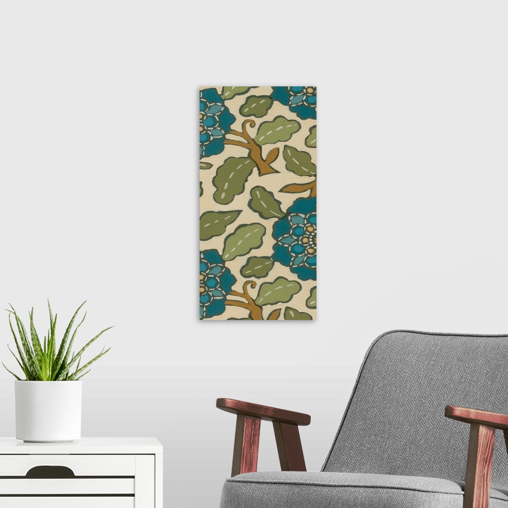 A modern room featuring Decorative floral patterned artwork using blue and green tones mixed with earth tones.