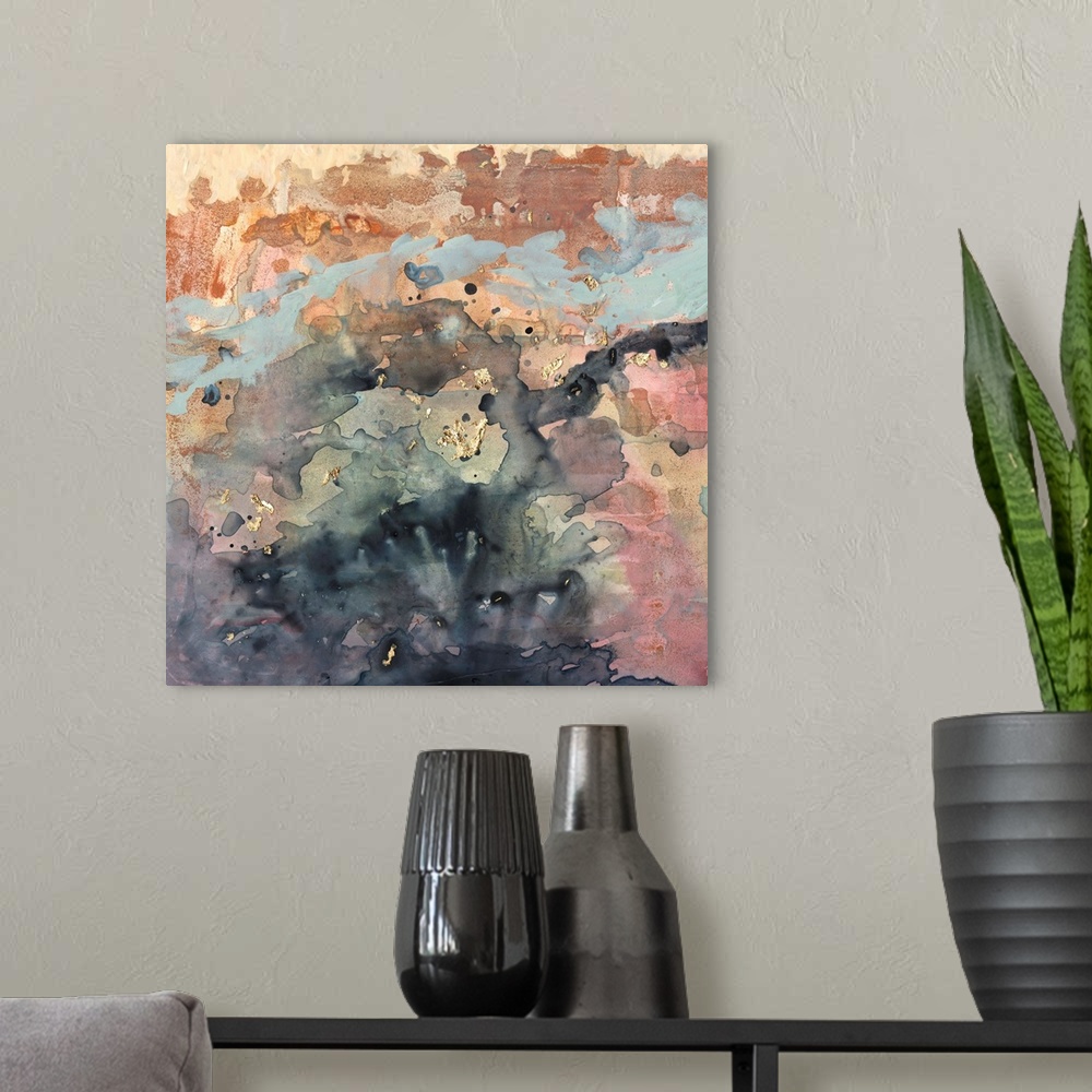 A modern room featuring Square abstract painting in blended colors of brown, pink, blue and gray with gold accents overla...