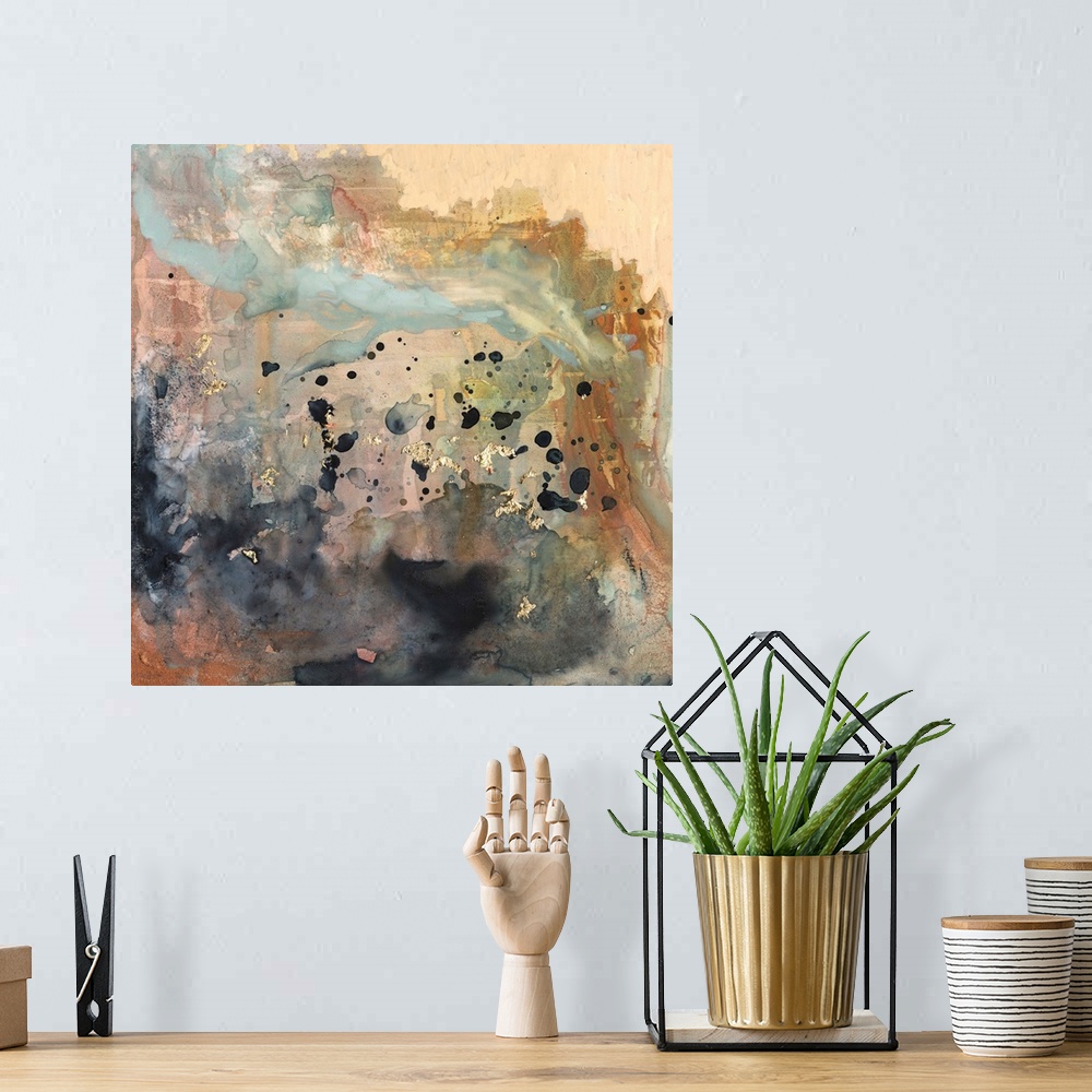 A bohemian room featuring Square abstract painting in blended colors of brown, pink, blue and gray with gold accents overla...