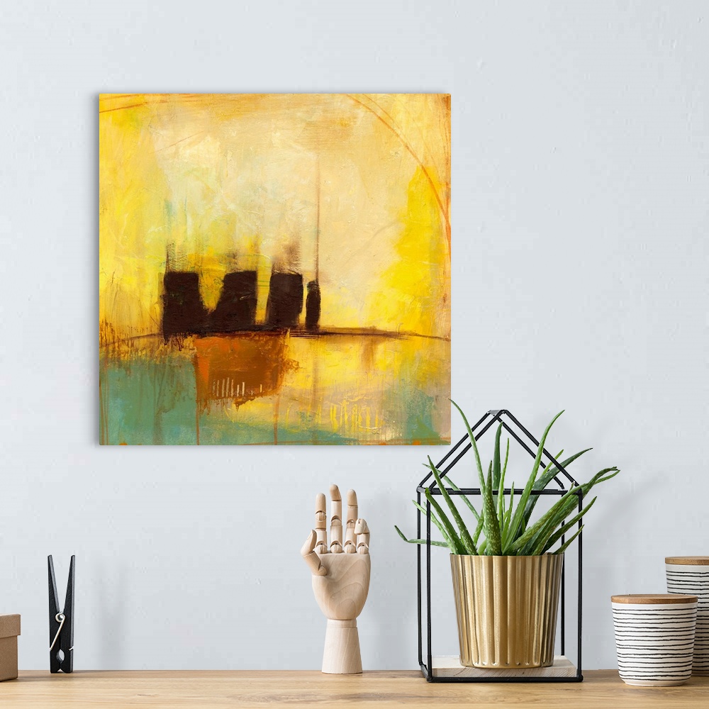A bohemian room featuring Giant square abstract painting of cool and golden patches of color layered with darker shapes, cu...