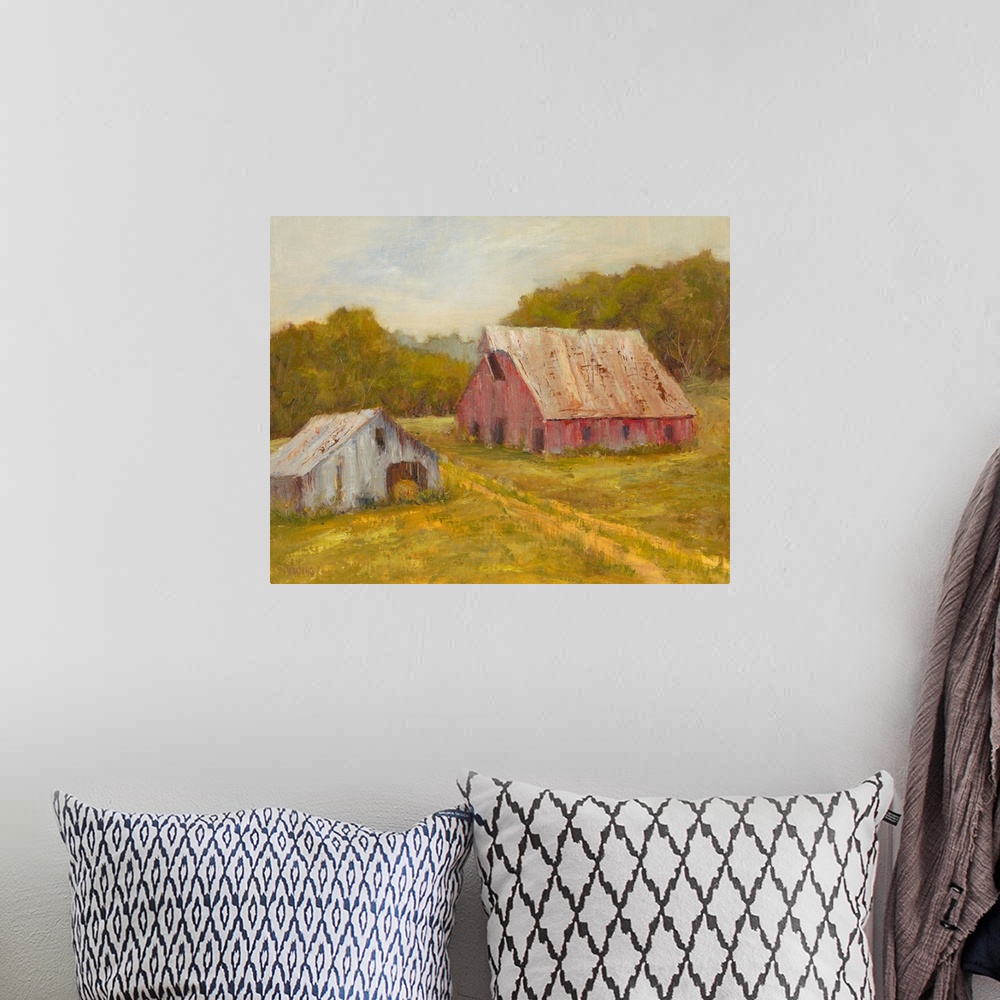 A bohemian room featuring Contemporary artwork featuring lively brush strokes to create a rustic country scene.