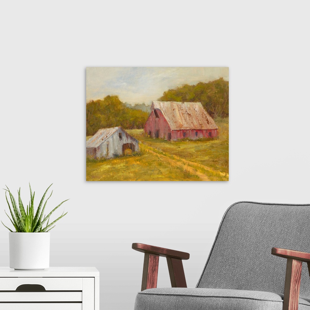 A modern room featuring Contemporary artwork featuring lively brush strokes to create a rustic country scene.