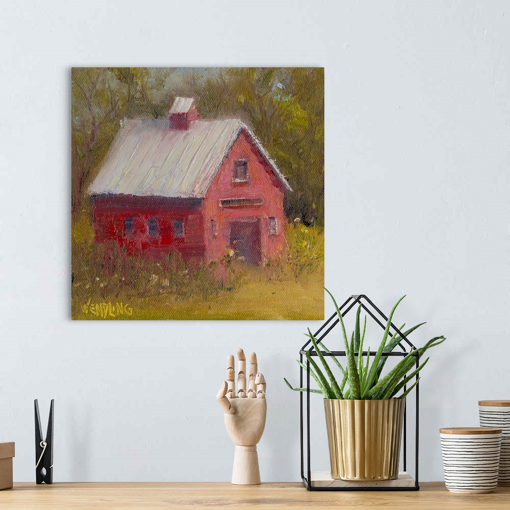 A bohemian room featuring Contemporary painting of a red barn in the country, surrounded by trees.