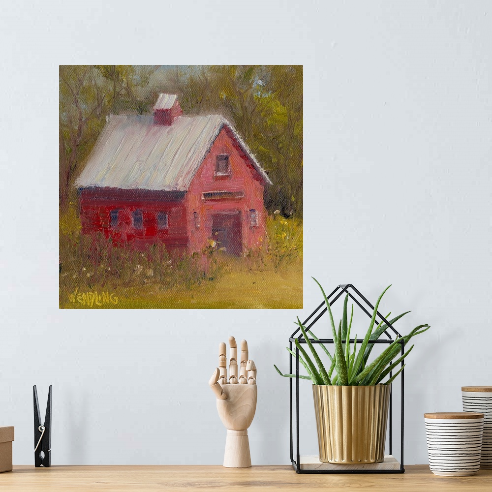 A bohemian room featuring Contemporary painting of a red barn in the country, surrounded by trees.