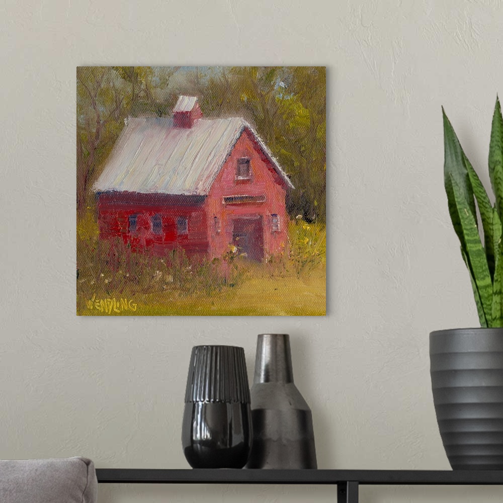 A modern room featuring Contemporary painting of a red barn in the country, surrounded by trees.