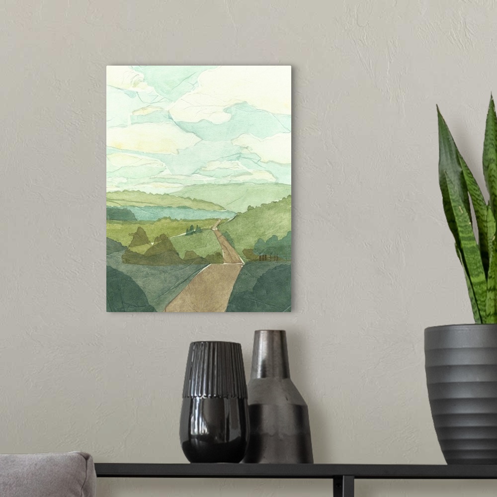 A modern room featuring Countryside landscape painting with a road crossing over rolling hills.