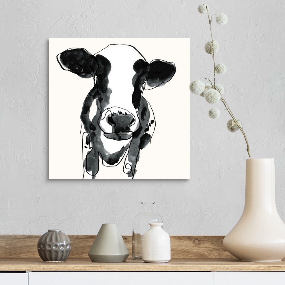 A farmhouse room featuring Contemporary watercolor portrait of a cow in black and white.
