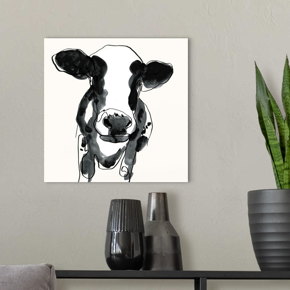 A modern room featuring Contemporary watercolor portrait of a cow in black and white.