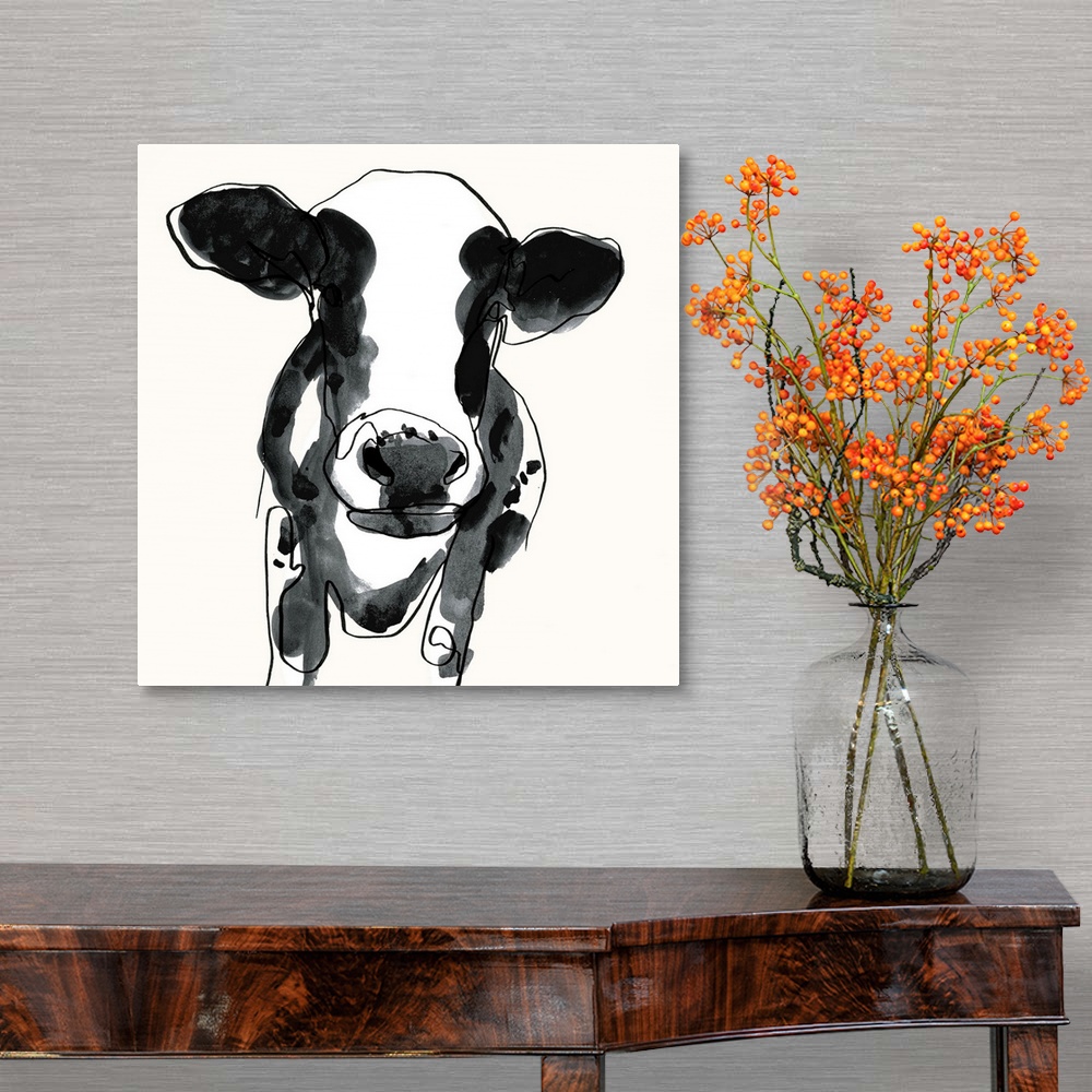 A traditional room featuring Contemporary watercolor portrait of a cow in black and white.