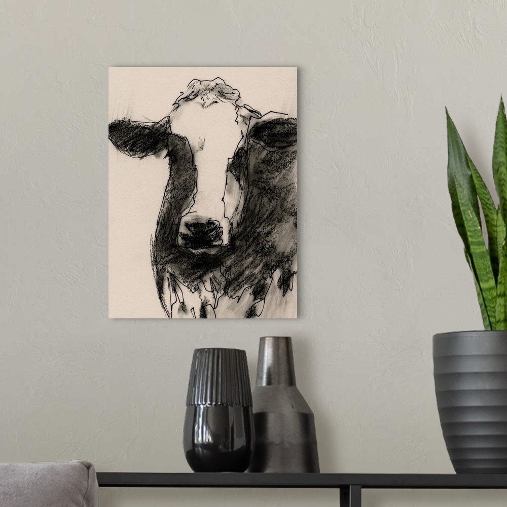A modern room featuring Cow Portrait Sketch II