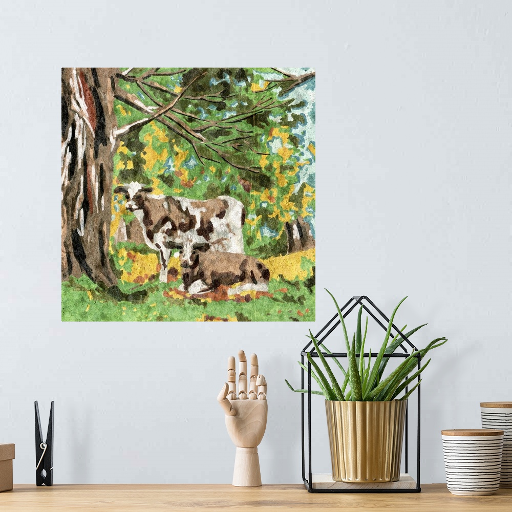 A bohemian room featuring Cows Under A Tree I