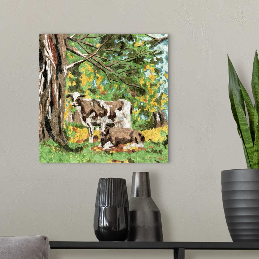 A modern room featuring Cows Under A Tree I