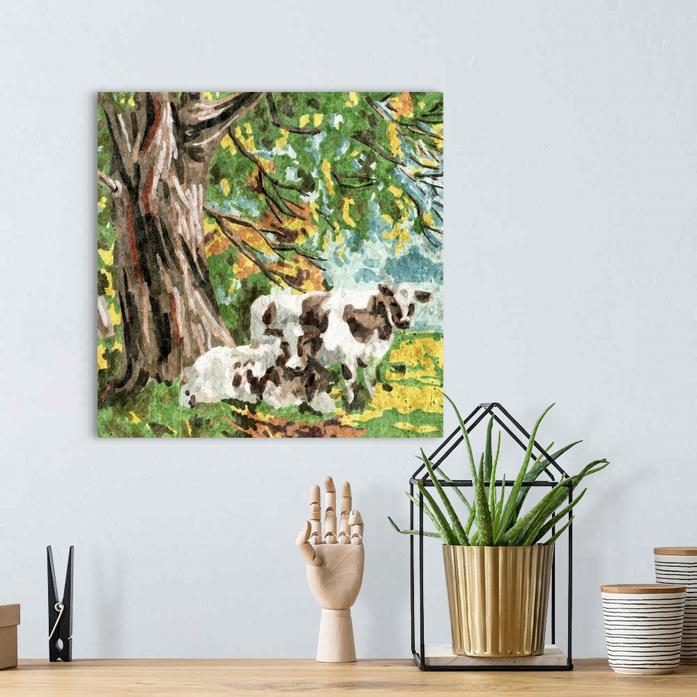 A bohemian room featuring Cows Under A Tree II