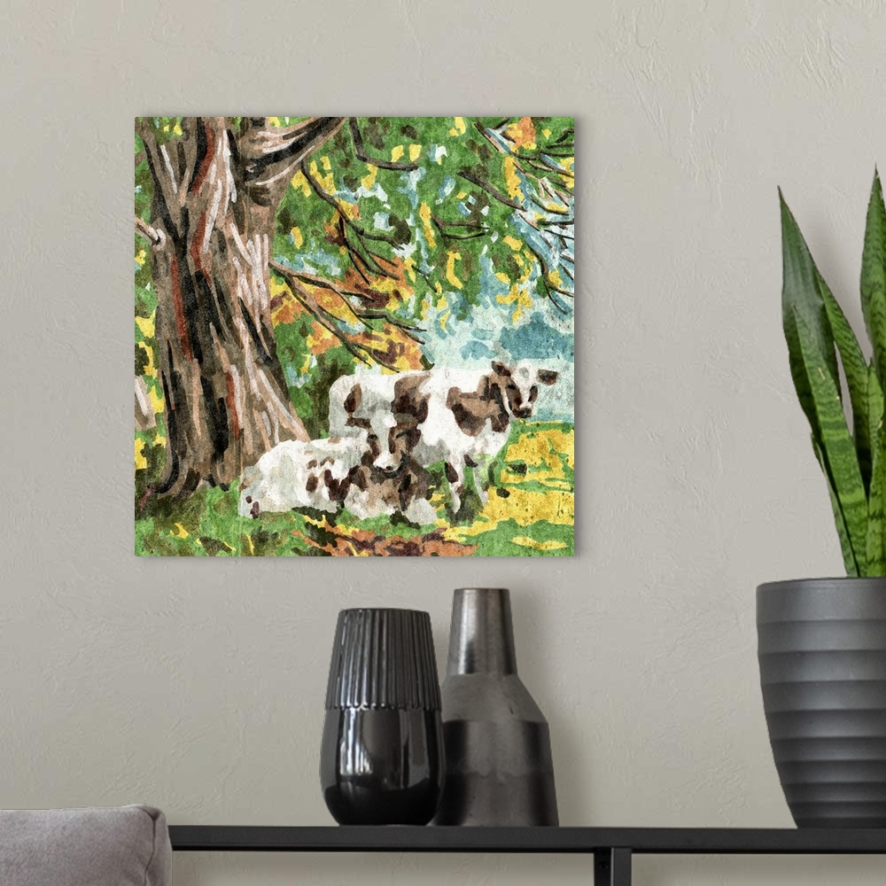 A modern room featuring Cows Under A Tree II