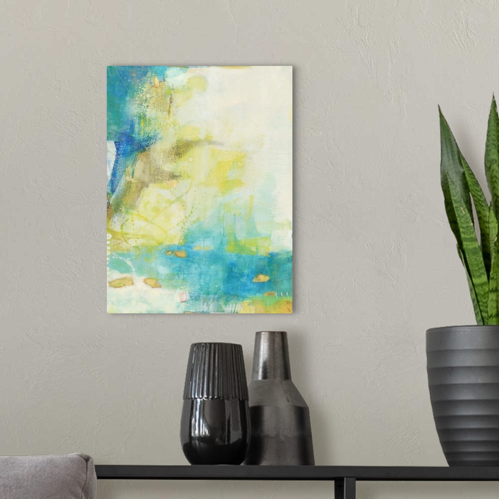 A modern room featuring This abstract artwork is filled with bright colors in various textures and patterns that exemplif...