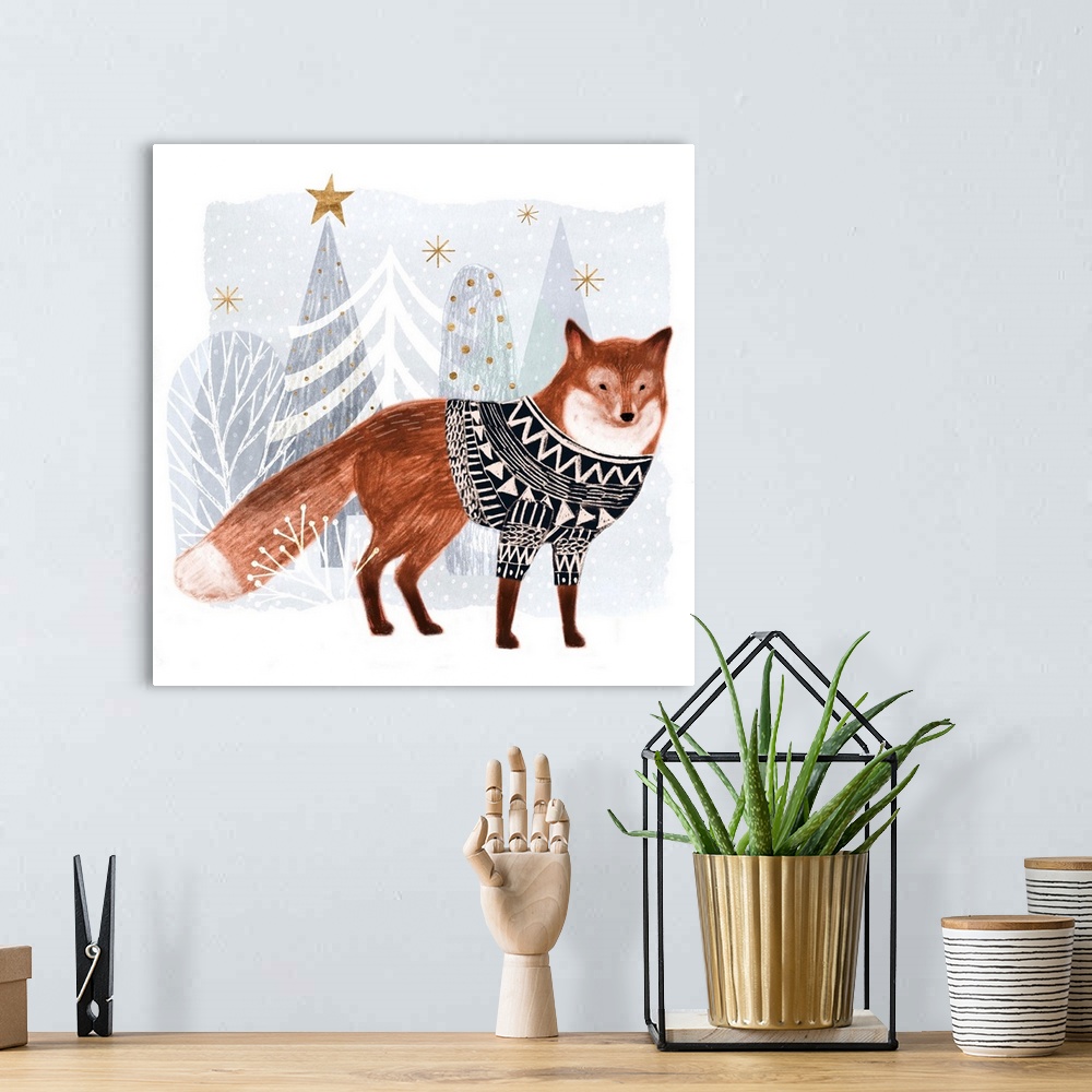 A bohemian room featuring A festive fox with soft chalk edges wears a cozy sweater against a winter wonderland landscape.