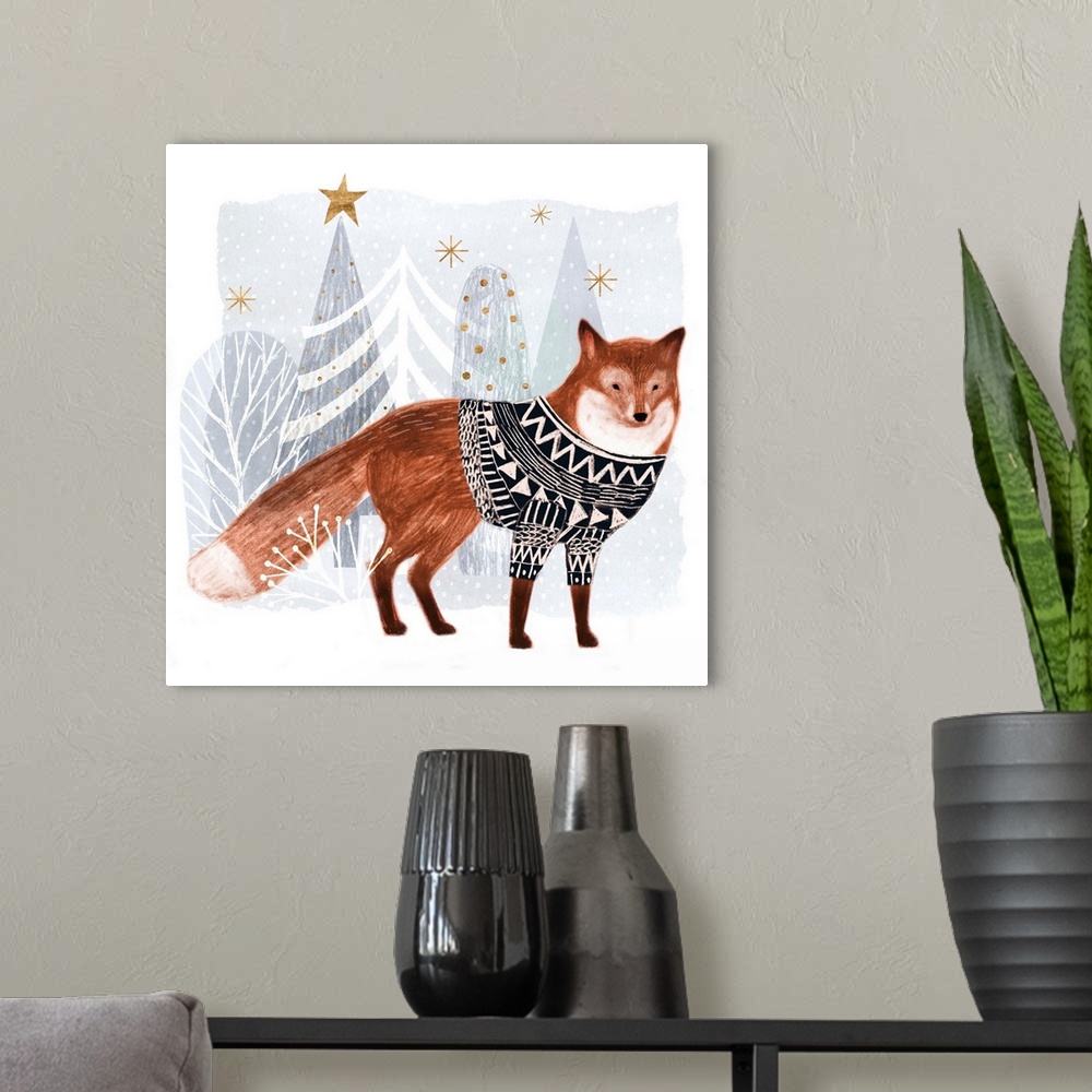 A modern room featuring A festive fox with soft chalk edges wears a cozy sweater against a winter wonderland landscape.