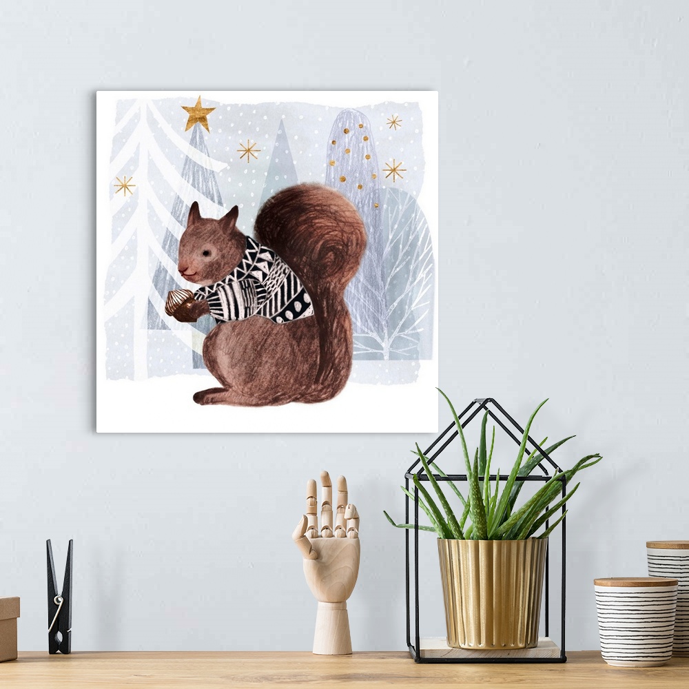 A bohemian room featuring A festive squirrel with soft chalk edges wears a cozy sweater against a winter wonderland landscape.