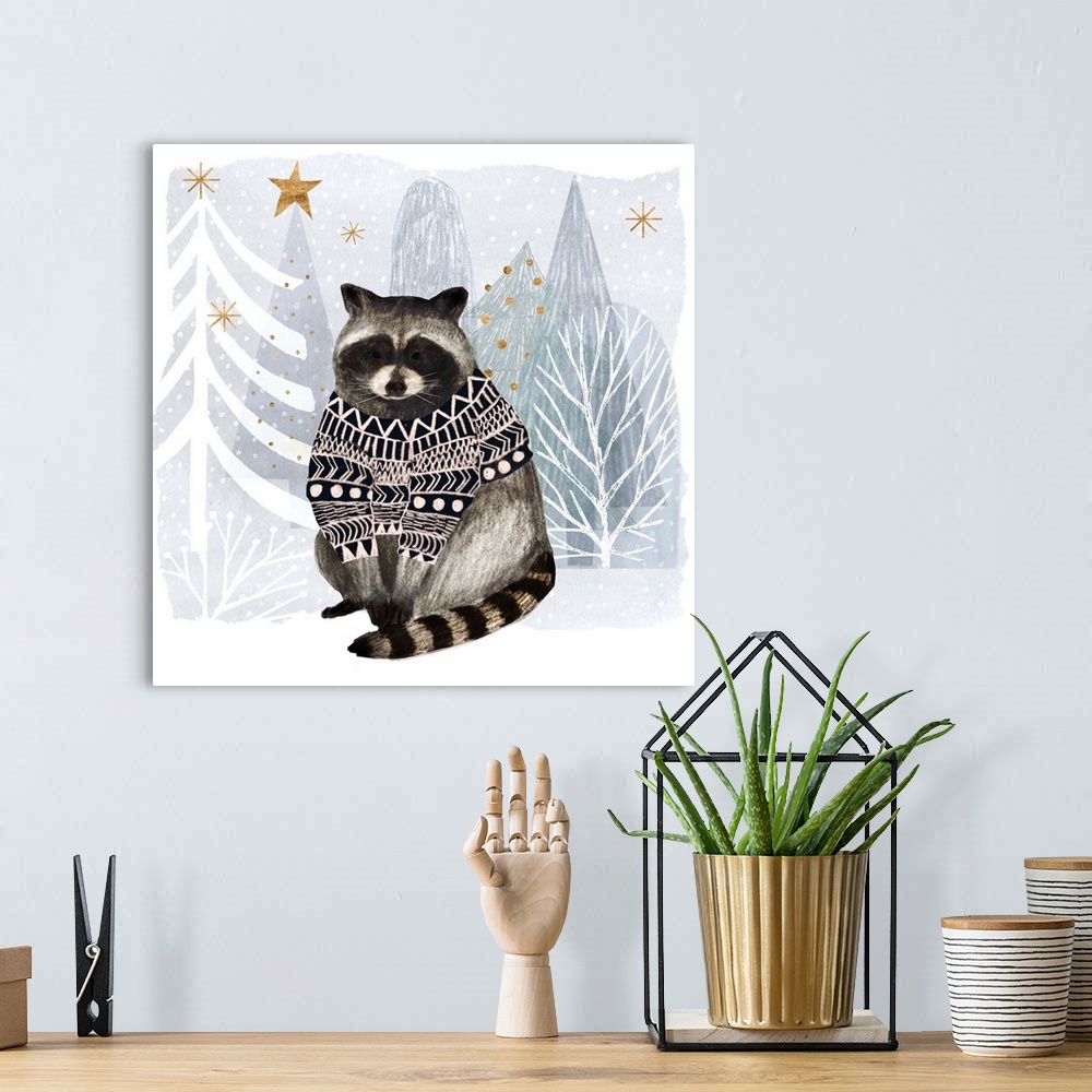 A bohemian room featuring A festive raccoon wears a cozy sweater against a winter wonderland landscape.