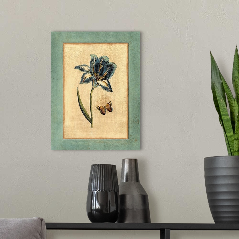 A modern room featuring Contemporary artwork of a blue tulip with a butterfly in a vintage illustrative style.